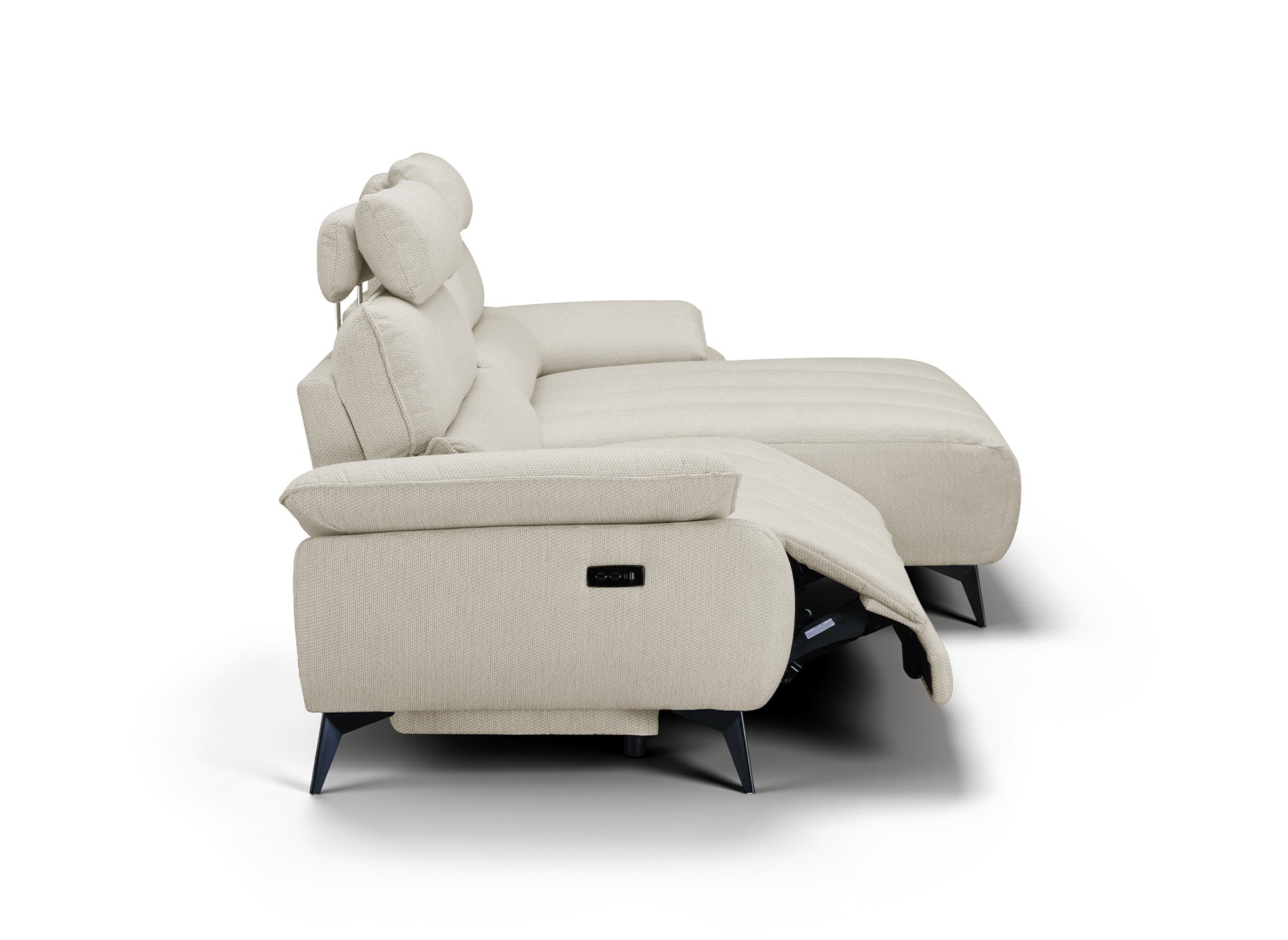LYANA elektrisches Ecksofa mit Relaxfunktion in beigefarbenem, meliertem Samt – rechte Ecke