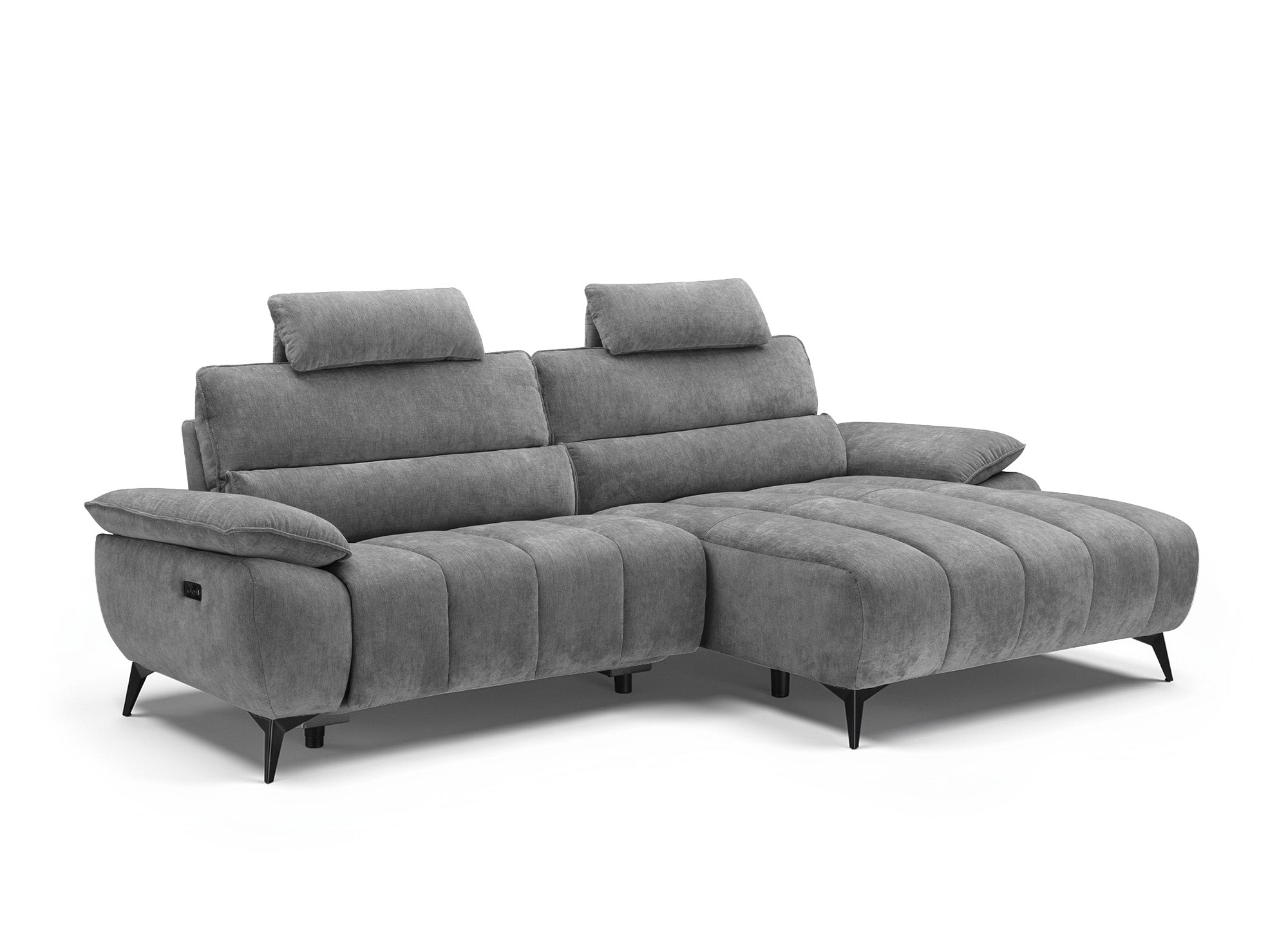 LYANA elektrisches Ecksofa mit Relaxfunktion in meliertem grauem Samt – rechte Ecke