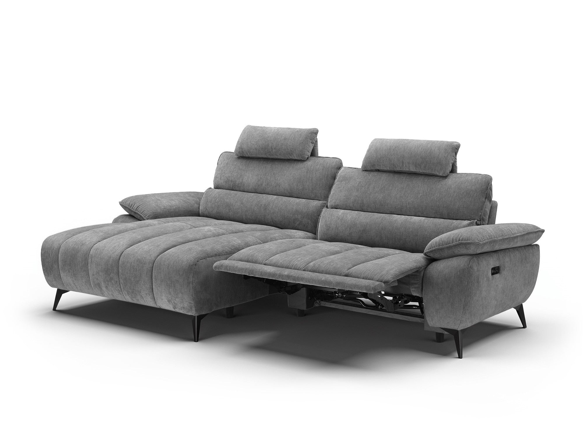 LYANA elektrisches Ecksofa mit Relaxfunktion in grau meliertem Samt - Linke Ecke