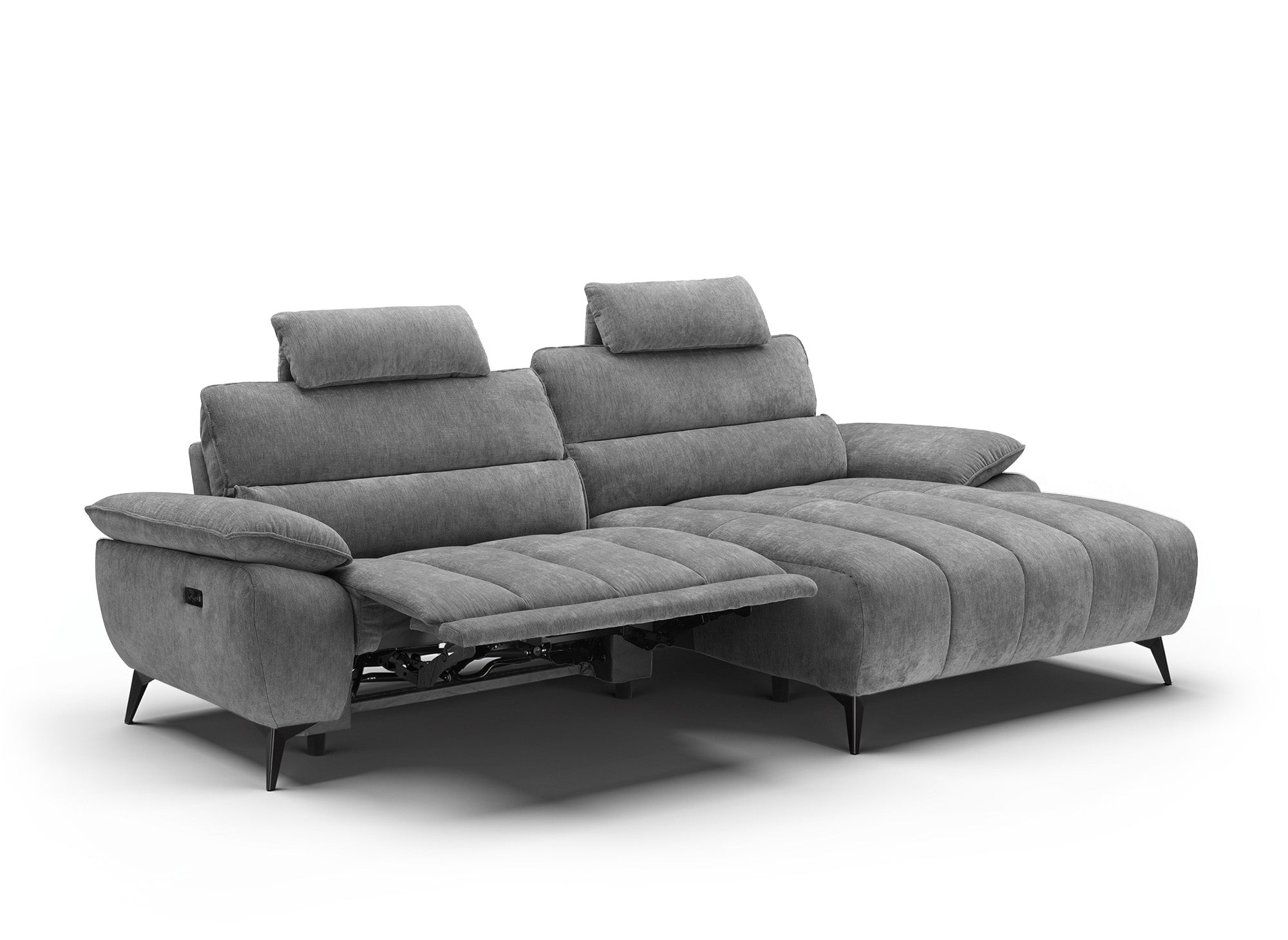 LYANA elektrisches Ecksofa mit Relaxfunktion in meliertem grauem Samt – rechte Ecke