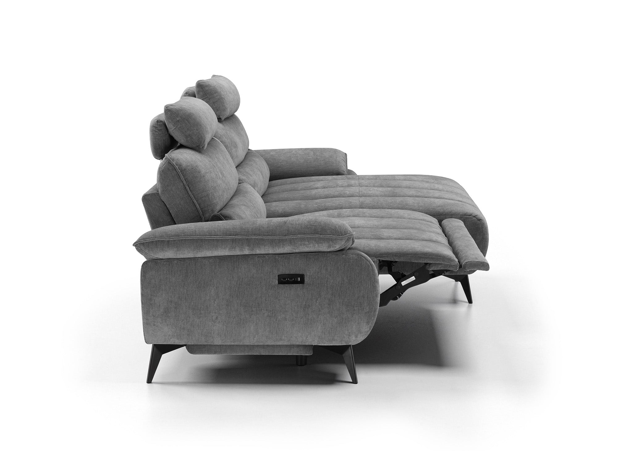 LYANA elektrisches Ecksofa mit Relaxfunktion in meliertem grauem Samt – rechte Ecke