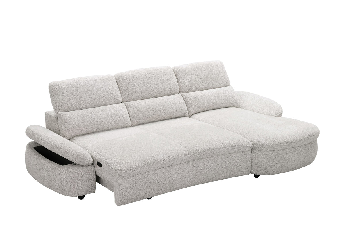 Elektrisches Relax-Ecksofa aus beigem Frotteestoff CLEMENT – rechtwinklig