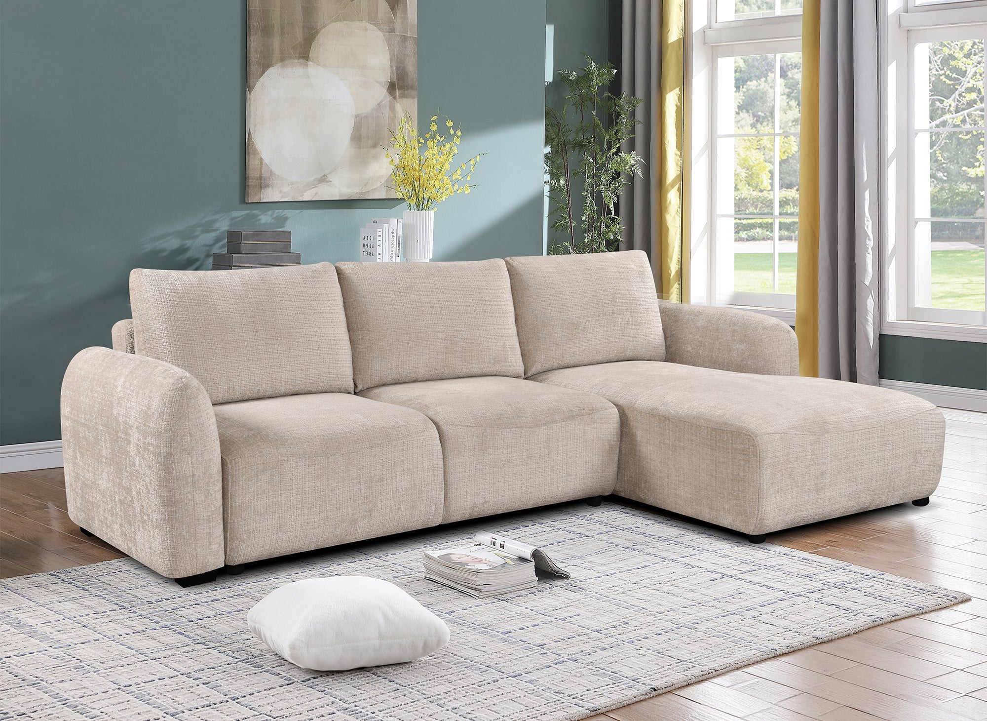 MARLA Ecksofa mit Stauraum in beigefarbenem, meliertem Samt – rechte Ecke