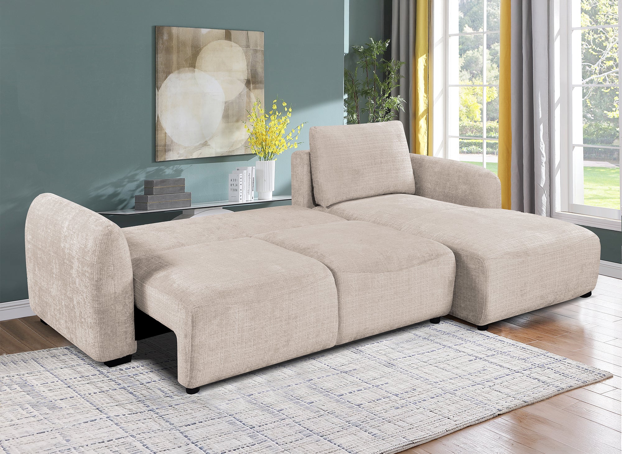 MARLA Ecksofa mit Stauraum in beigefarbenem, meliertem Samt – rechte Ecke