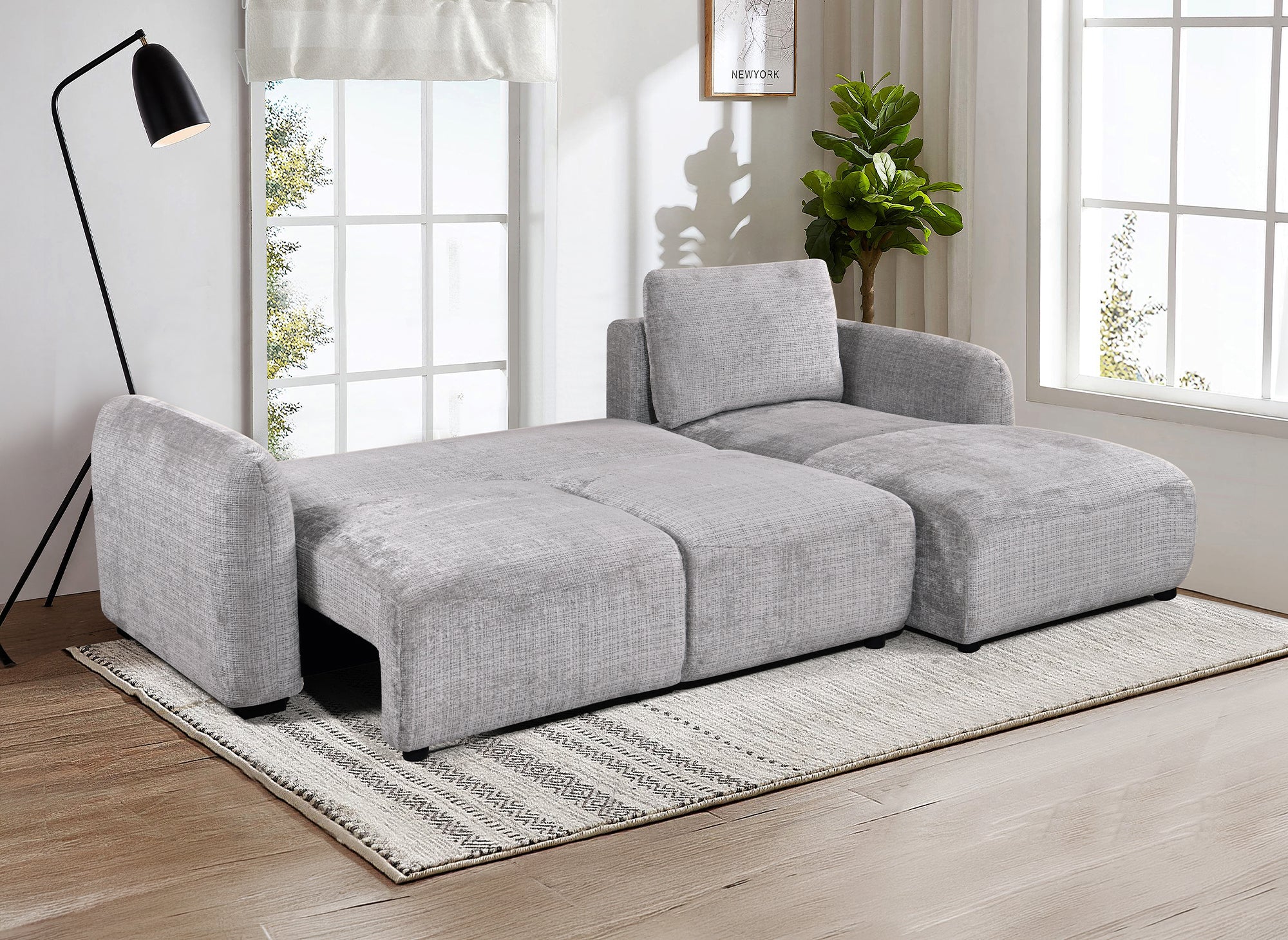 MARLA Ecksofa mit Stauraum in meliertem grauem Samt – rechte Ecke