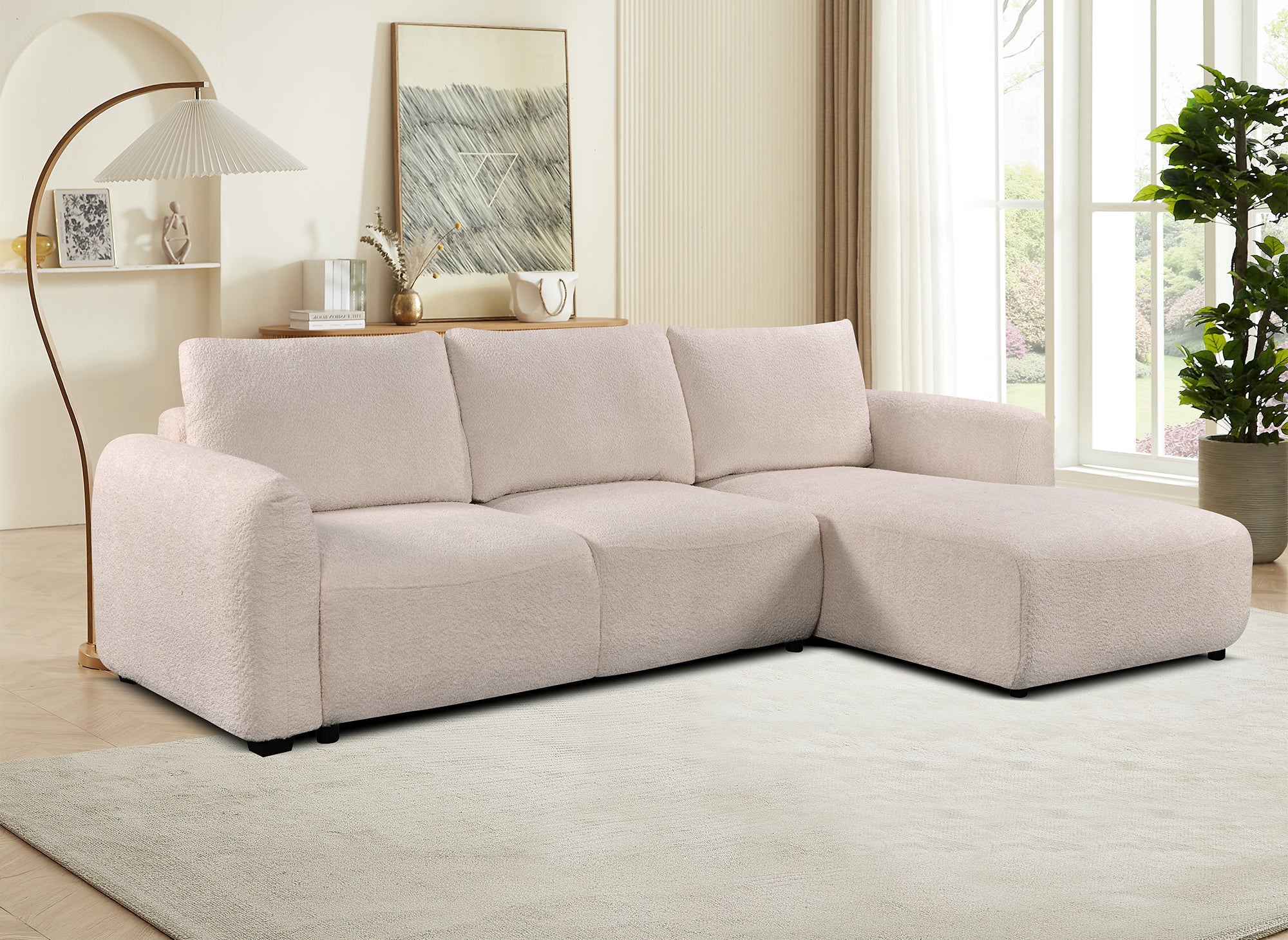 MARLA Ecksofa aus beigefarbenem Frotteestoff mit Stauraum - rechtwinklig