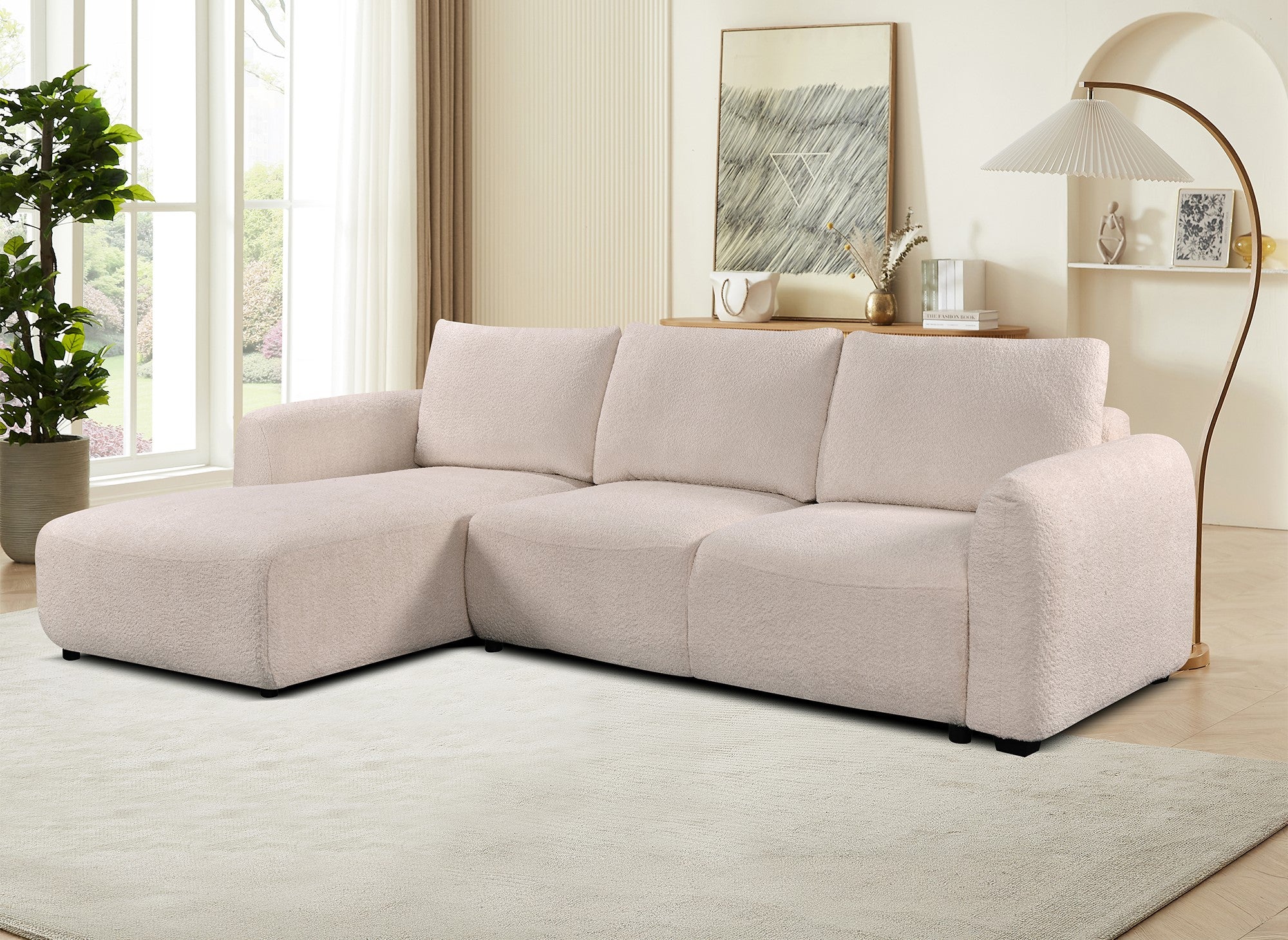 MARLA Ecksofa aus beigefarbenem Frotteestoff mit Stauraum – Linke Ecke