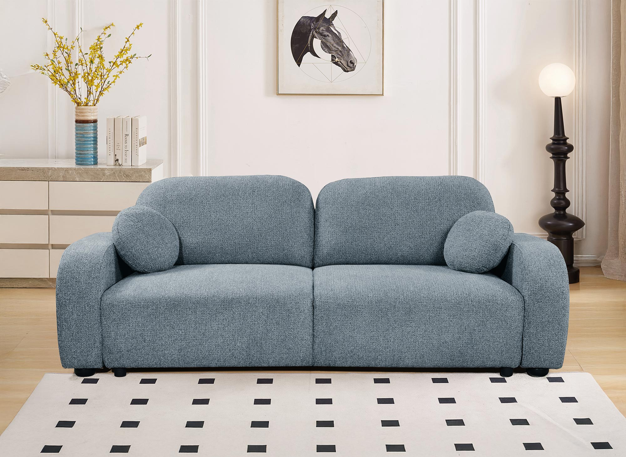 MAYORA 3-Sitzer-Umbausofa aus blauem Bouclé-Stoff