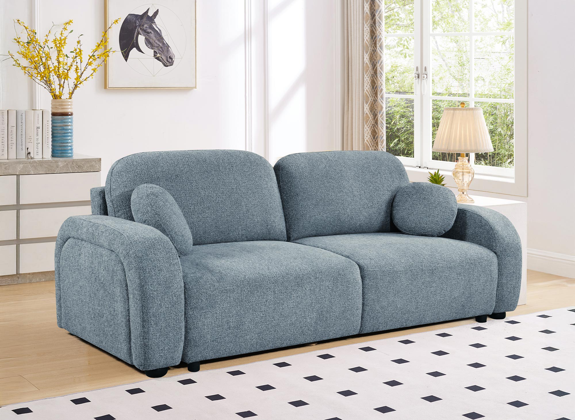 MAYORA 3-Sitzer-Umbausofa aus blauem Bouclé-Stoff