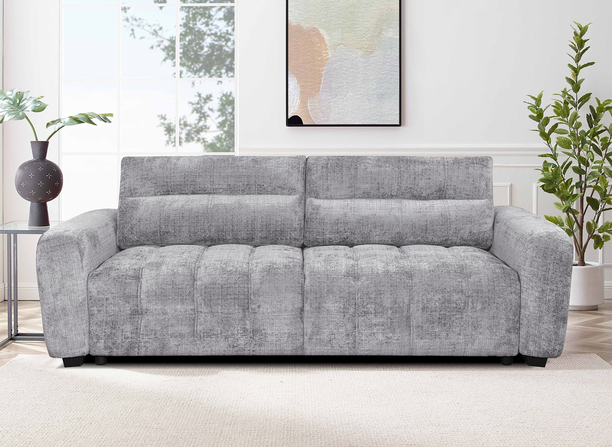 RALYA 3-Sitzer-Schlafsofa aus grau meliertem Samt mit Stauraum