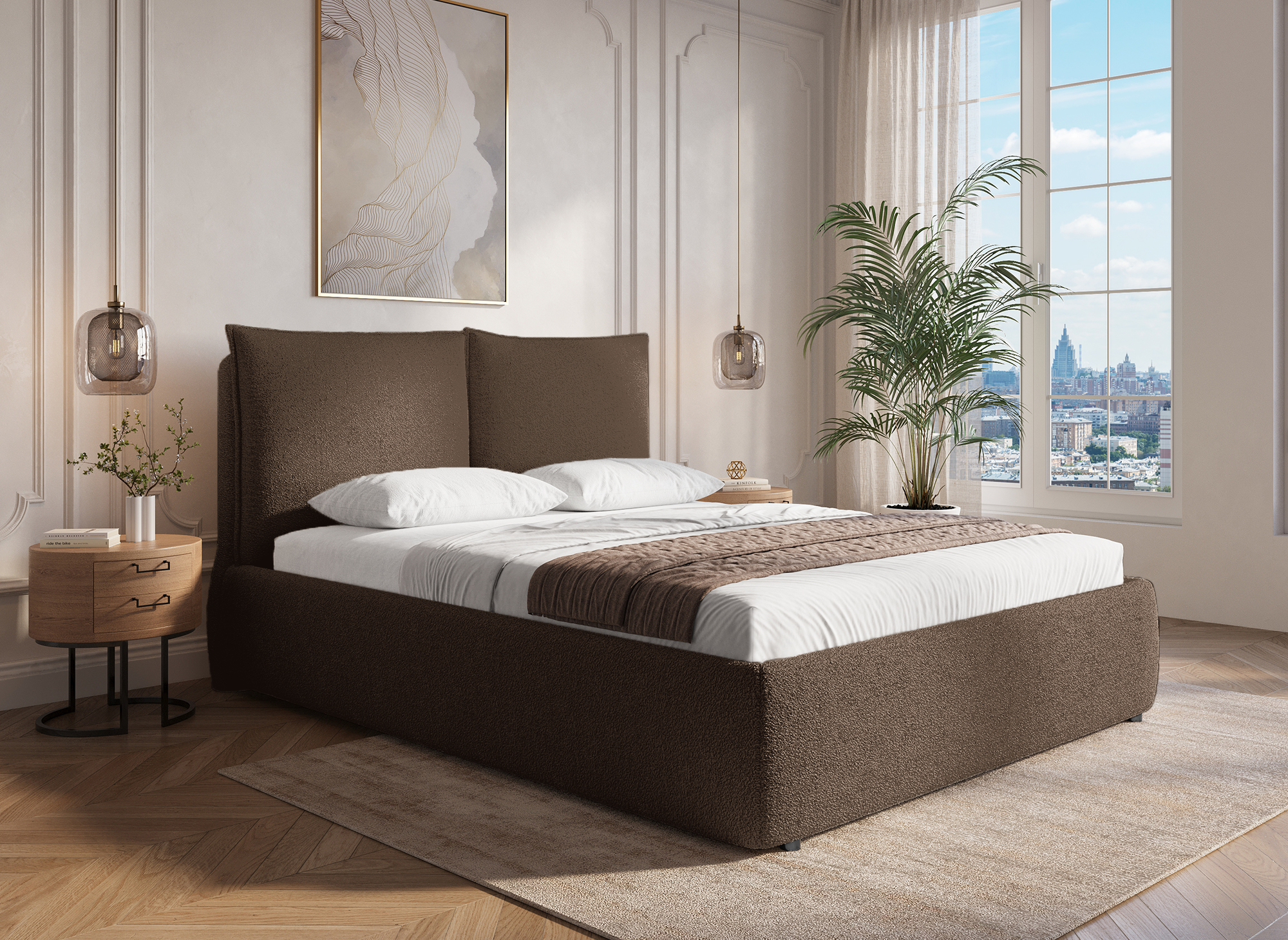 MELY Bett mit Stauraum aus Frottee, braun, 140 x 190 cm
