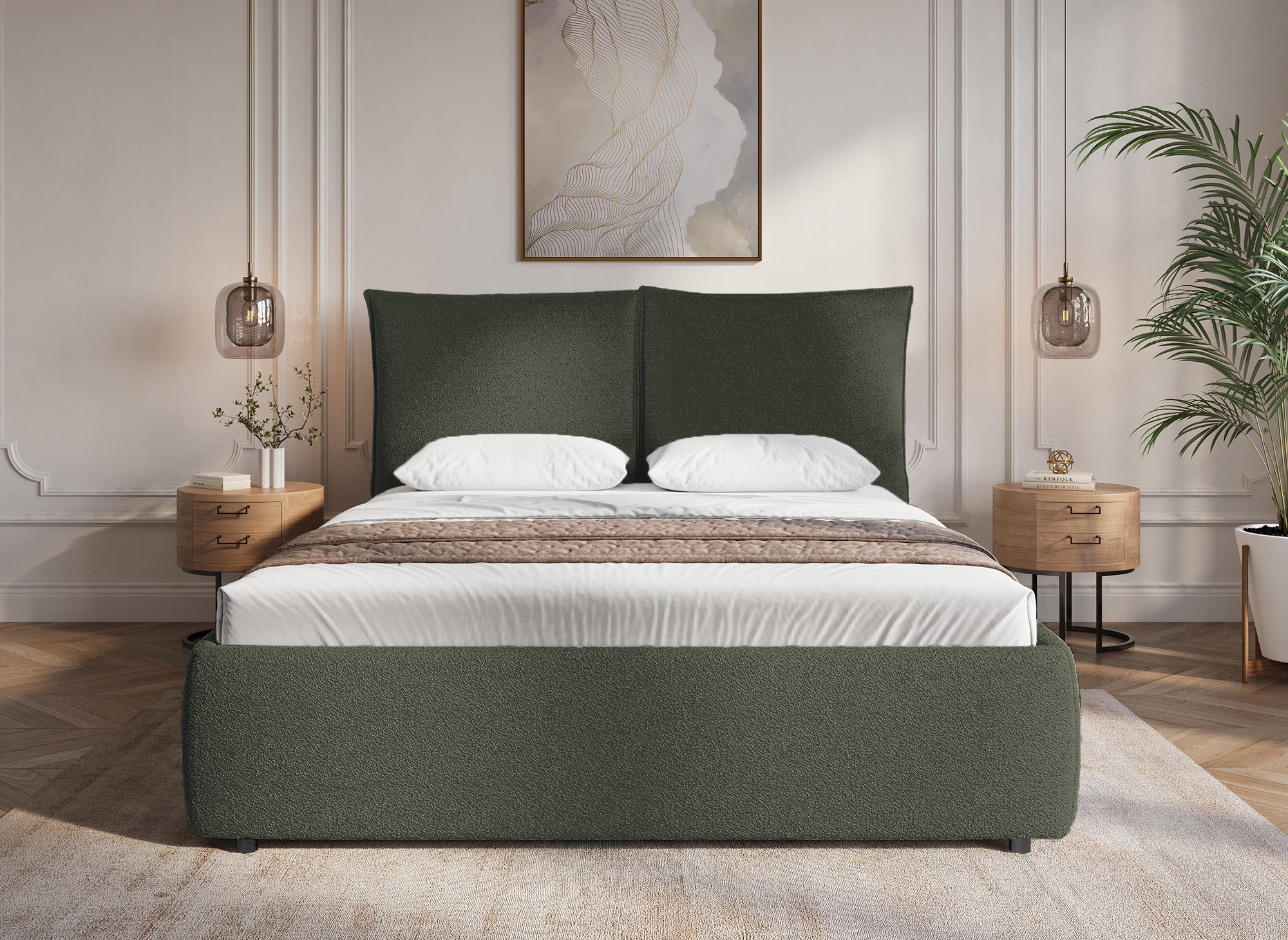 MELY olivgrünes Frottee-Bett mit Stauraum 180x200 cm