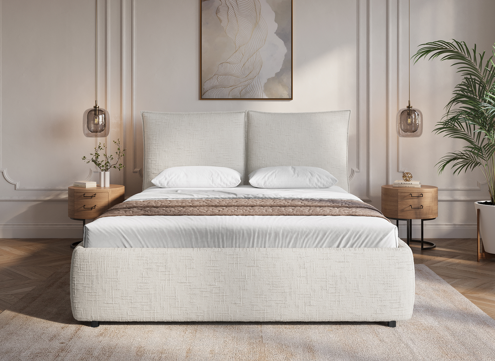 MELY Bett mit Stauraum, beige melierter Samt, 160 x 200 cm