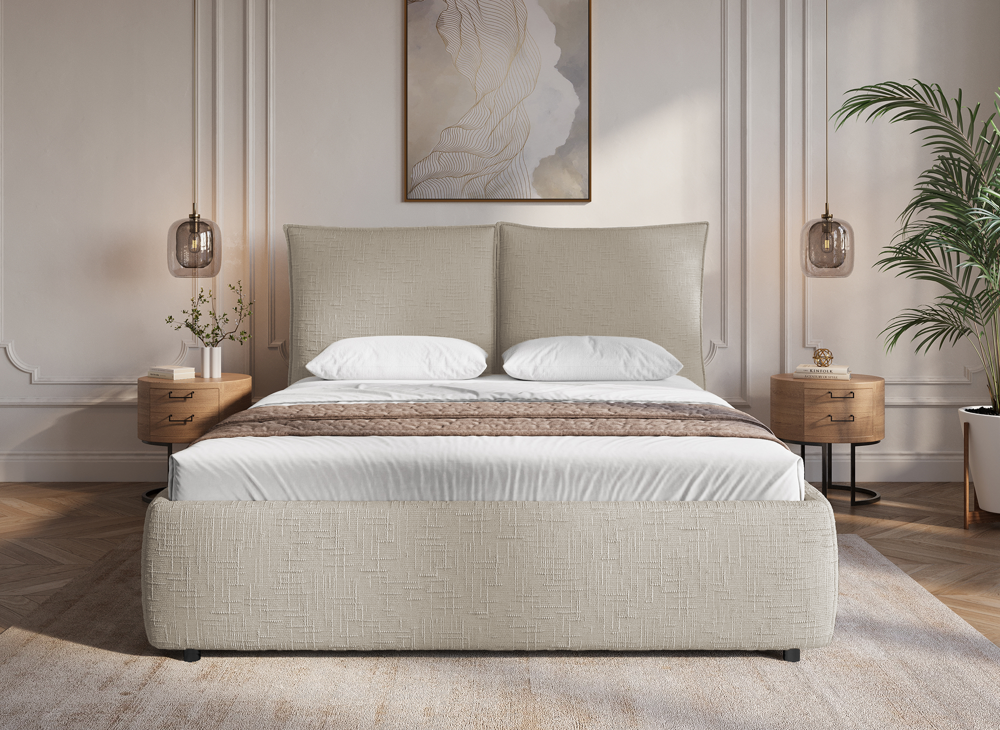 MELY Bettkasten aus meliertem Samt in Taupe 140x190 cm