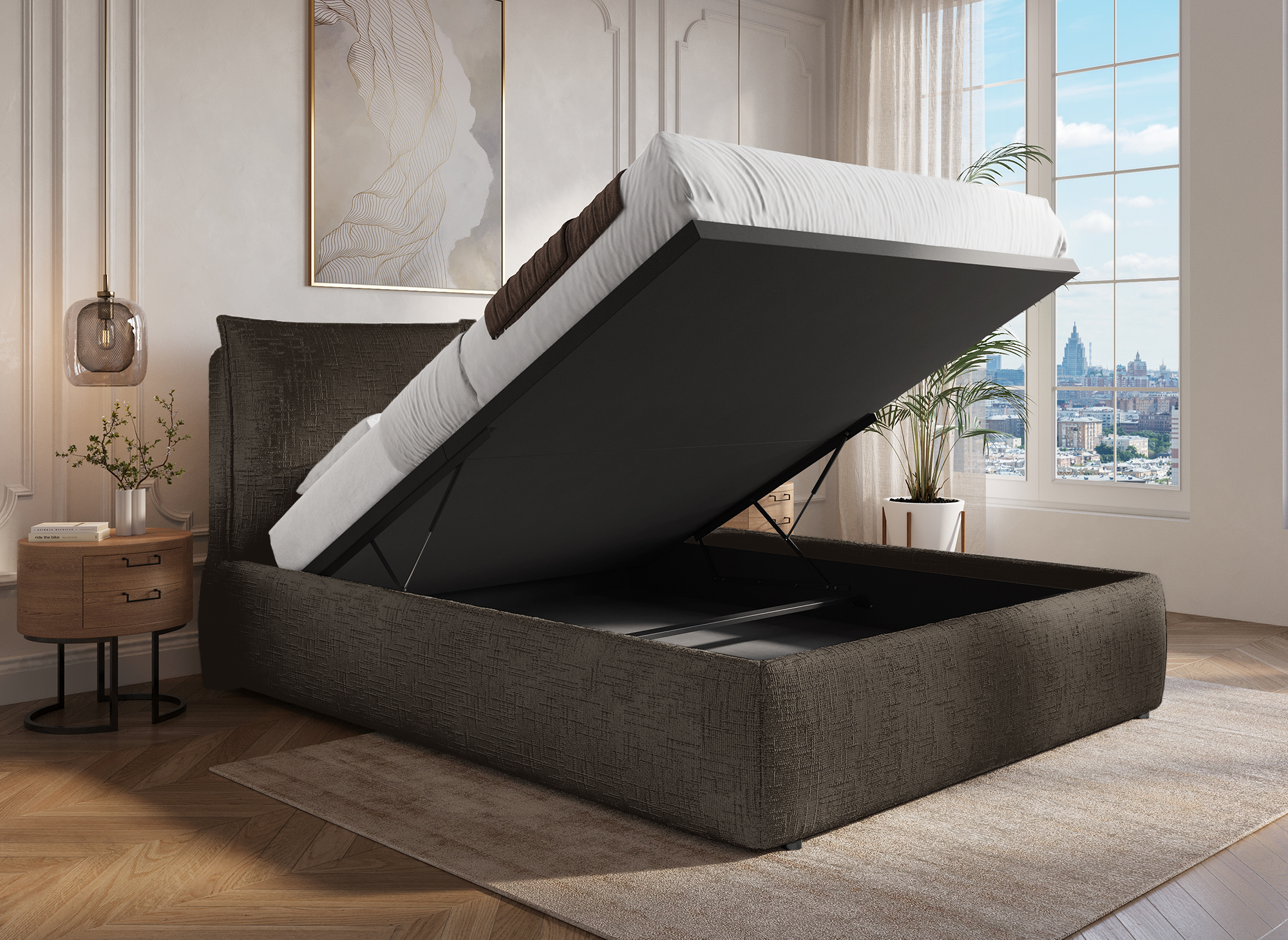 MELY Bettkasten aus braun meliertem Samt 140x190 cm