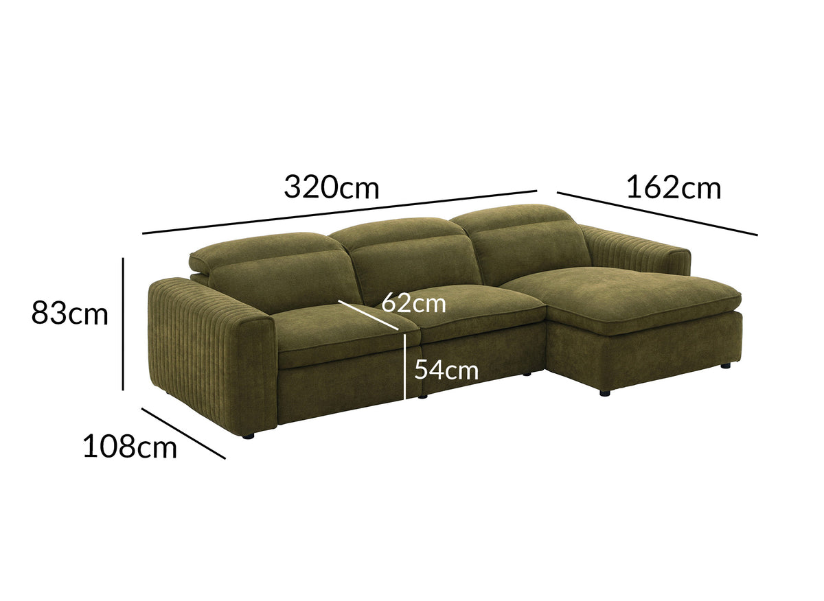 Elektrisches Relax-Ecksofa aus olivgrünem Stoff ORELIA – rechtwinklig