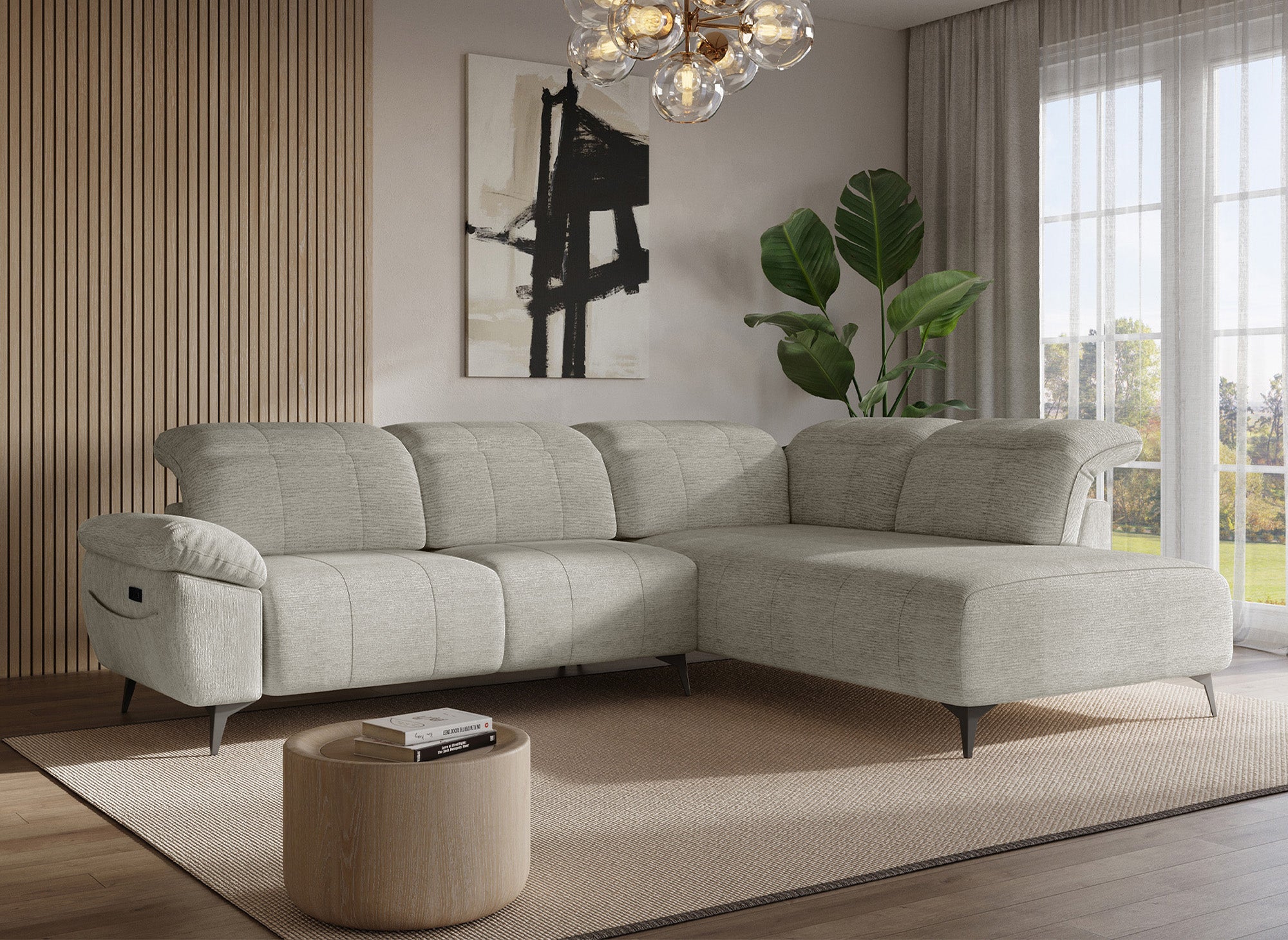 SOLINA Ecksofa mit elektrischer Verstellung aus beige meliertem Samt – rechtwinklig