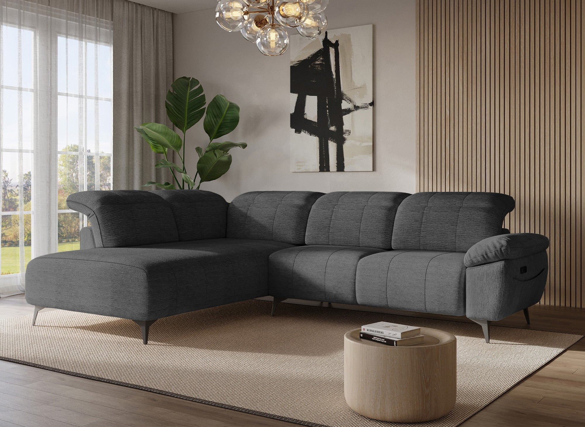 SOLINA Ecksofa mit elektrischer Verstellung aus grau meliertem Samt – Linke Ecke