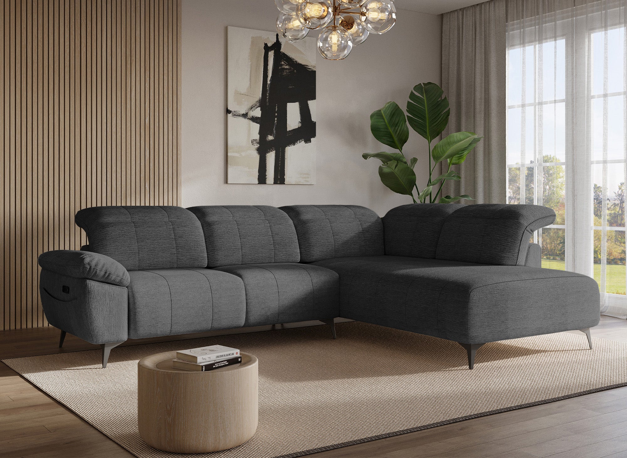 SOLINA Ecksofa mit elektrischer Liegefunktion aus grau meliertem Samt – rechtwinklig