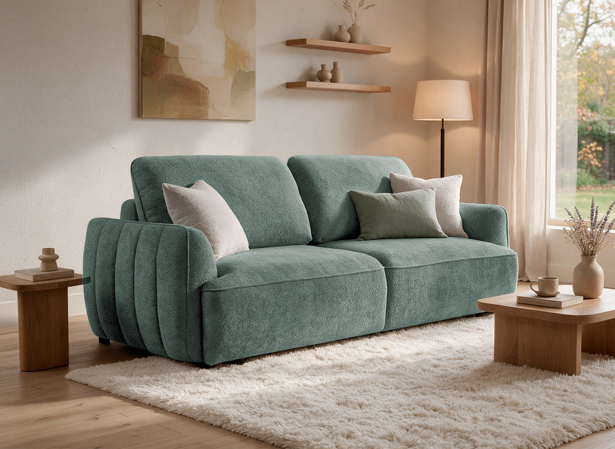 Gerades umwandelbares 3-Sitzer-Sofa mit Truhe aus grünem French-Terry-Stoff LAUDINE