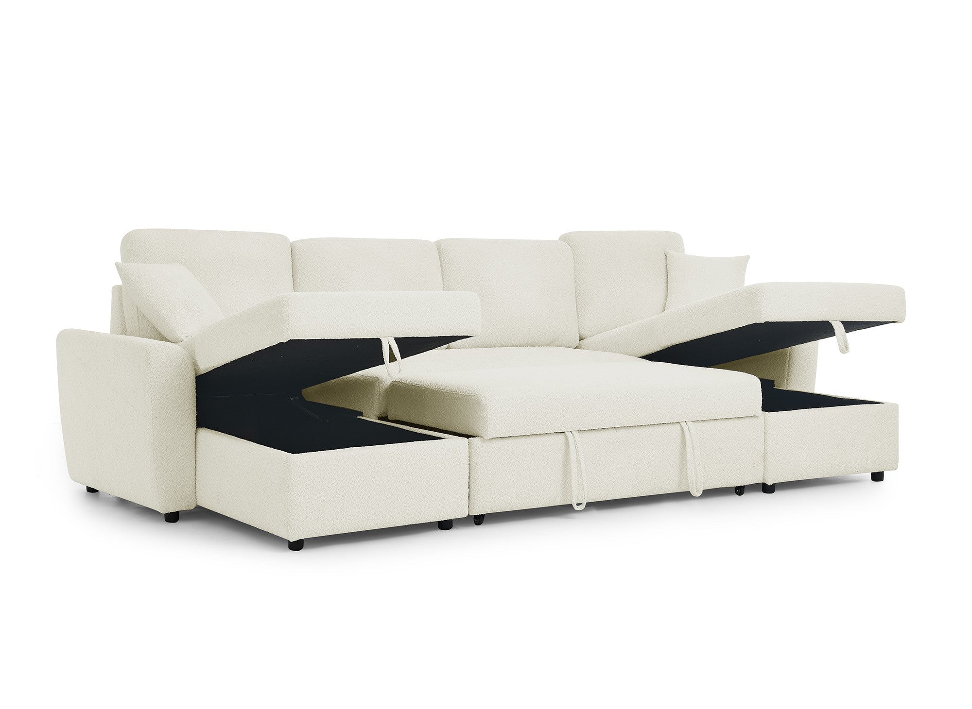 ADRYEN Panorama-Schlafsofa mit Staufächern in beigefarbenem Bouclé-Stoff
