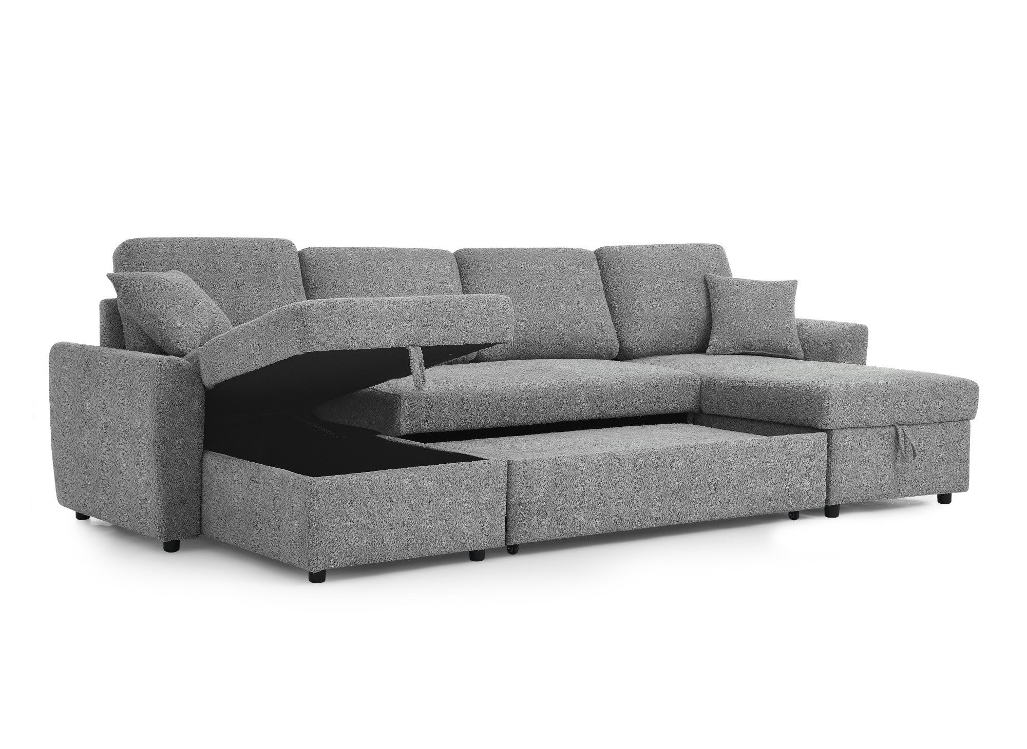 ADRYEN Panorama-Schlafsofa mit Staufächern in grauem Bouclé-Stoff