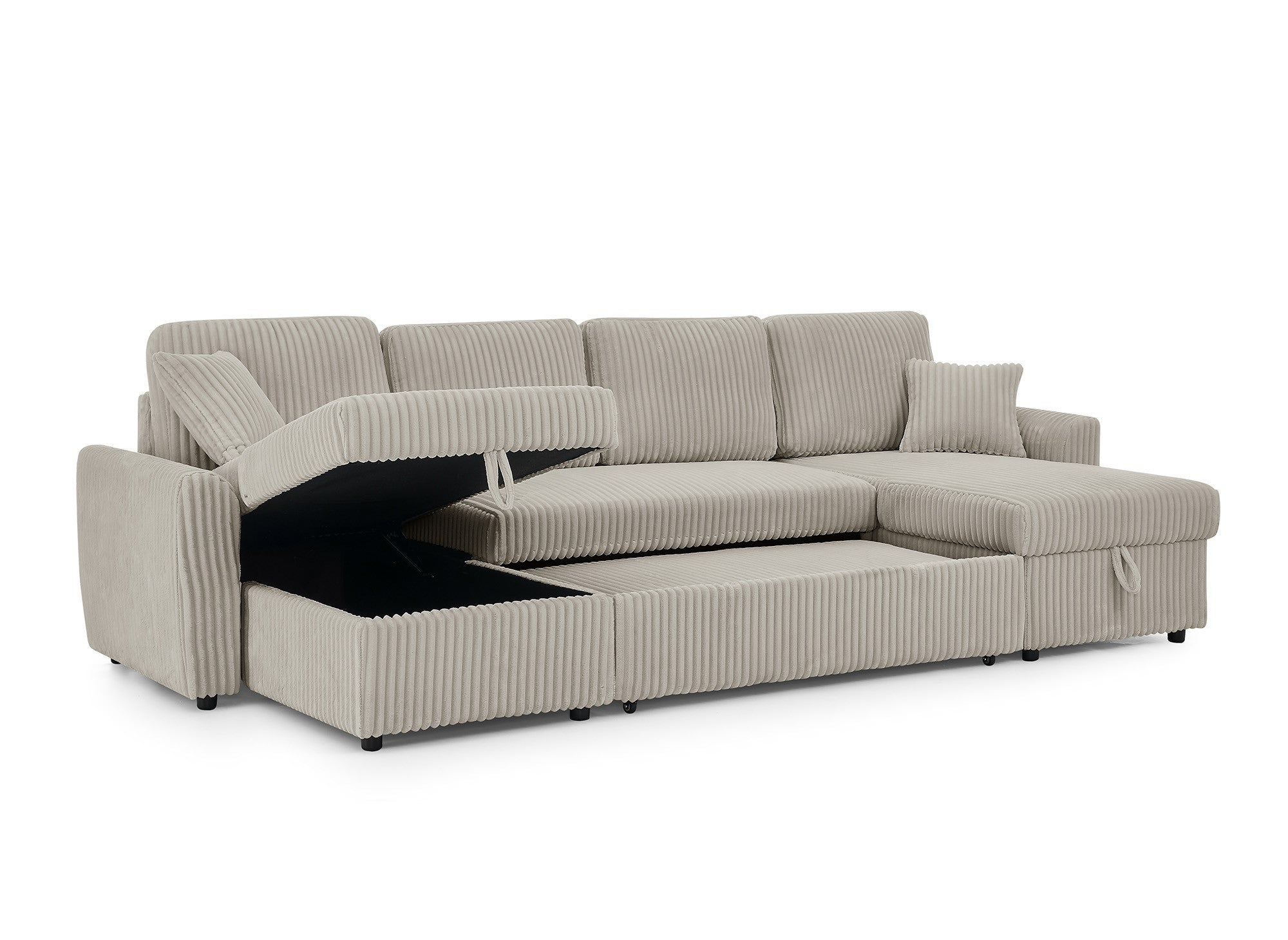 ADRYEN Panorama-Schlafsofa mit Stauraum in dickem taupefarbenem Cord
