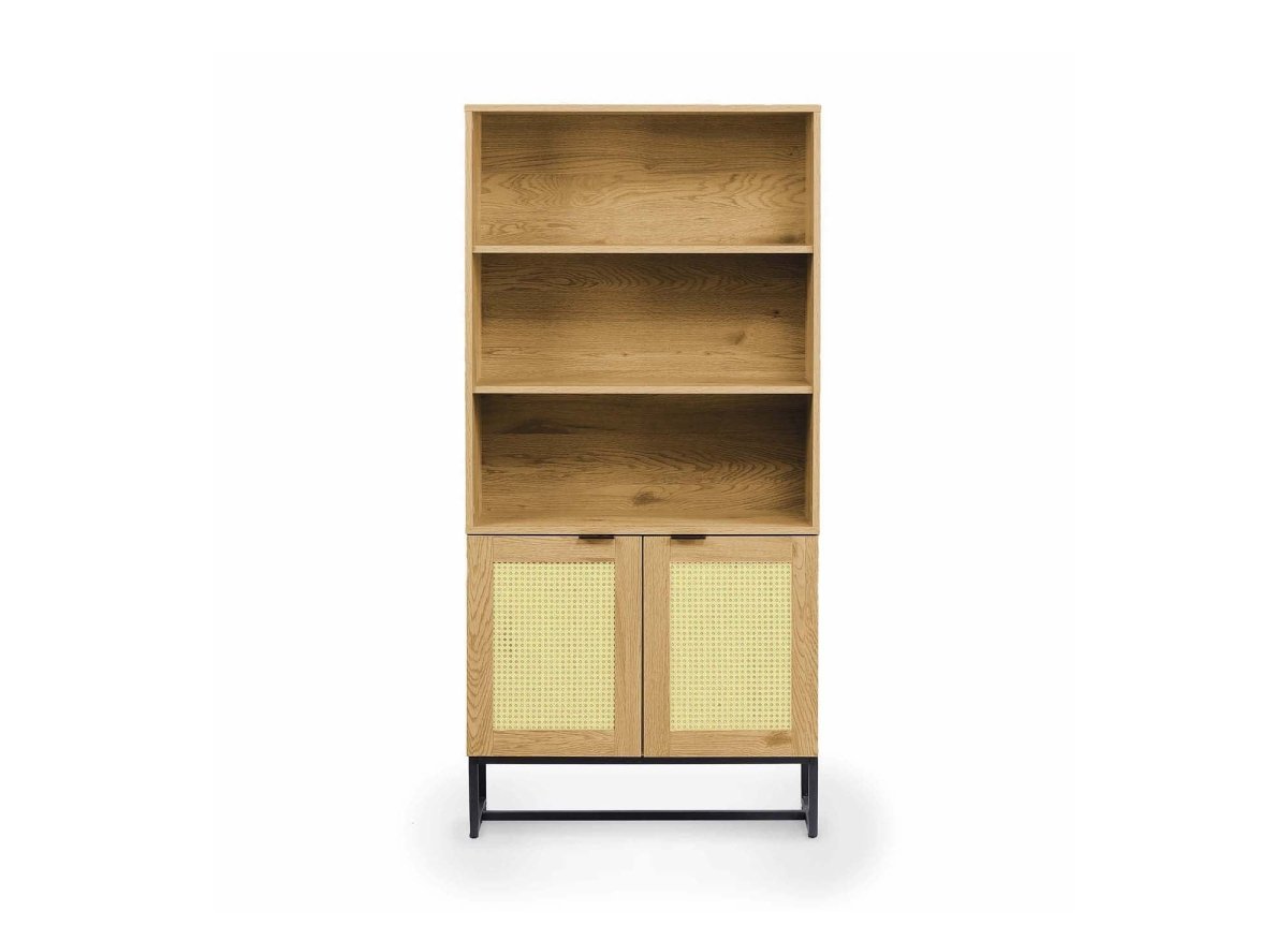 Bibliothèque scandinave 2 portes 2 étagères en bois métal et cannage TULLIO - DécoInParis