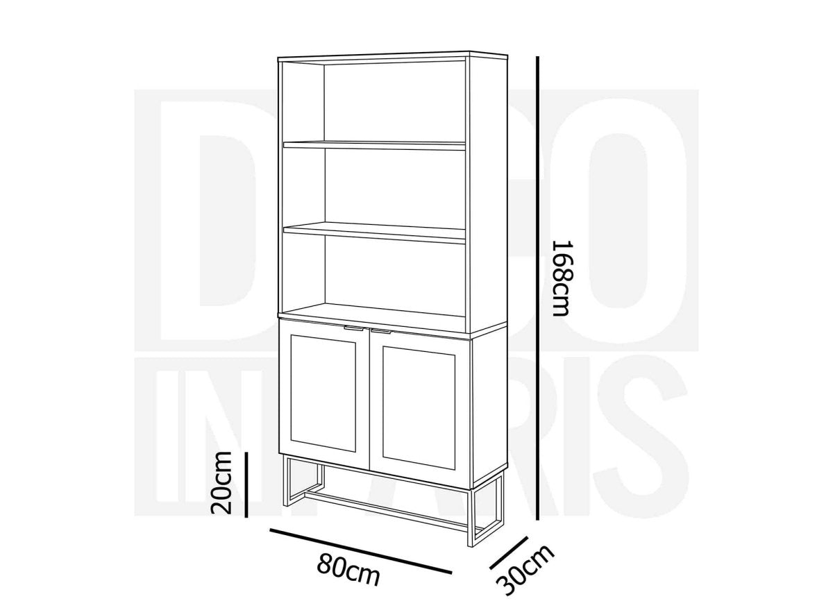 Bibliothèque scandinave 2 portes 2 étagères en bois métal et cannage TULLIO - DécoInParis