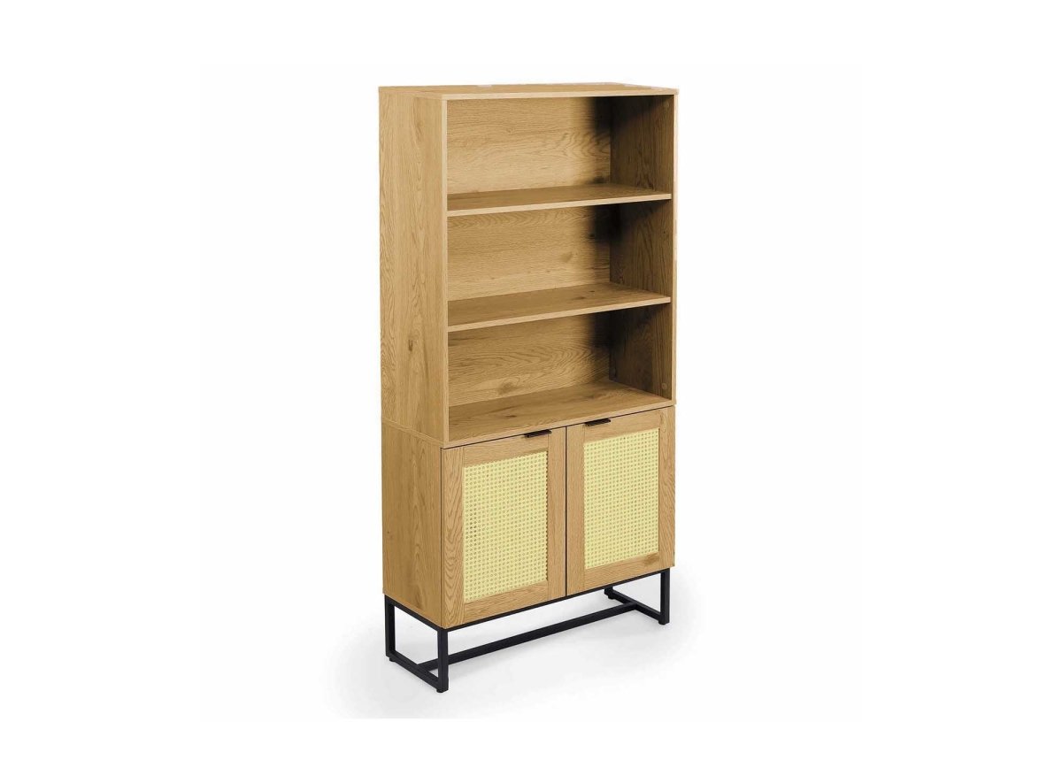 Bibliothèque scandinave 2 portes 2 étagères en bois métal et cannage TULLIO - DécoInParis