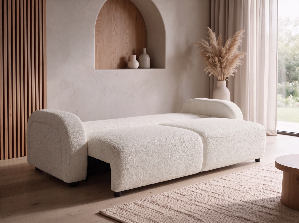 MAYORA 3-Sitzer-Umbausofa aus ecrufarbenem Bouclé-Stoff