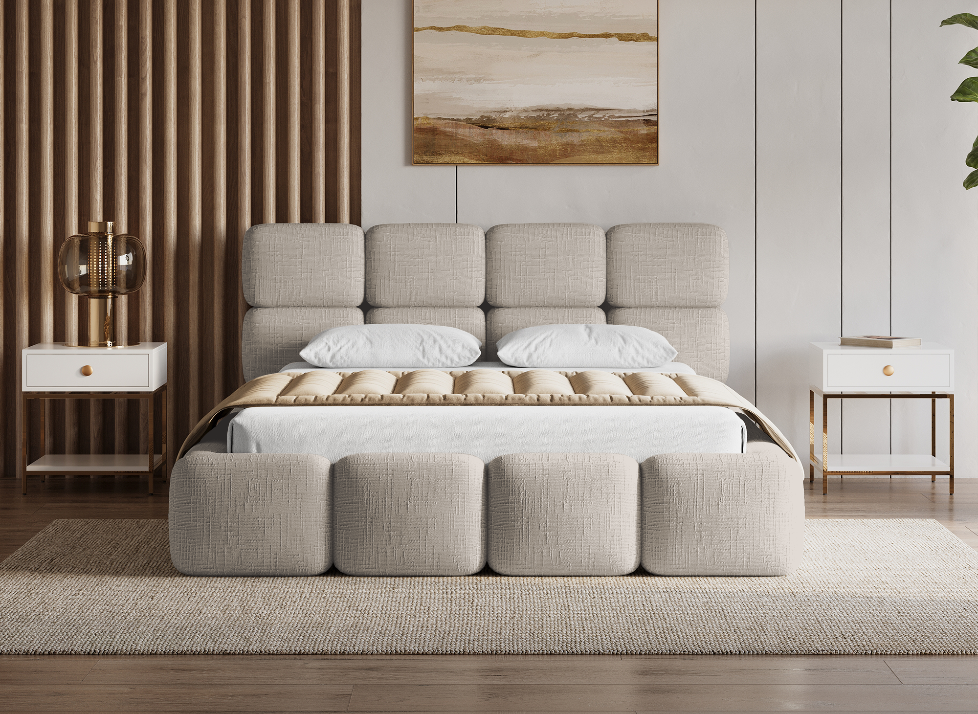BUBBLE Bett mit Stauraum aus taupefarbenem Samt, 140 x 190 cm