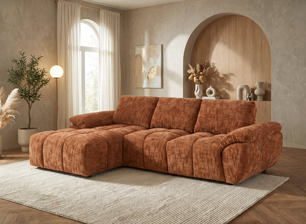 Elektrisches Relax-Ecksofa ALPES aus terrakottafarbenem, meliertem Samt – Linke Ecke
