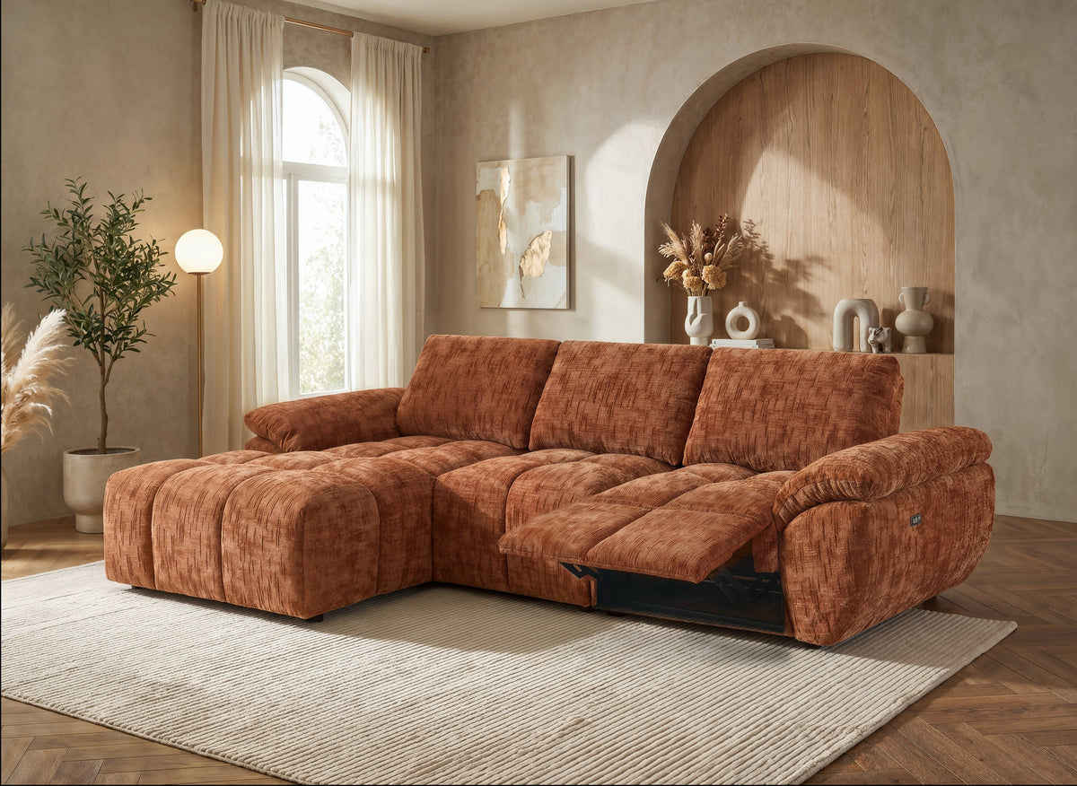 Elektrisches Relax-Ecksofa ALPES aus terrakottafarbenem, meliertem Samt – Linke Ecke