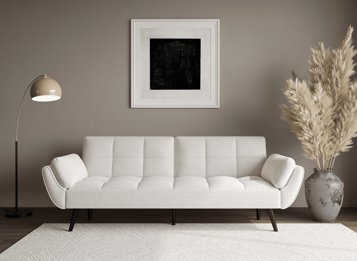 Canapé clic clac 3 places en tissu bouclette blanc écru NARA - DécoInParis