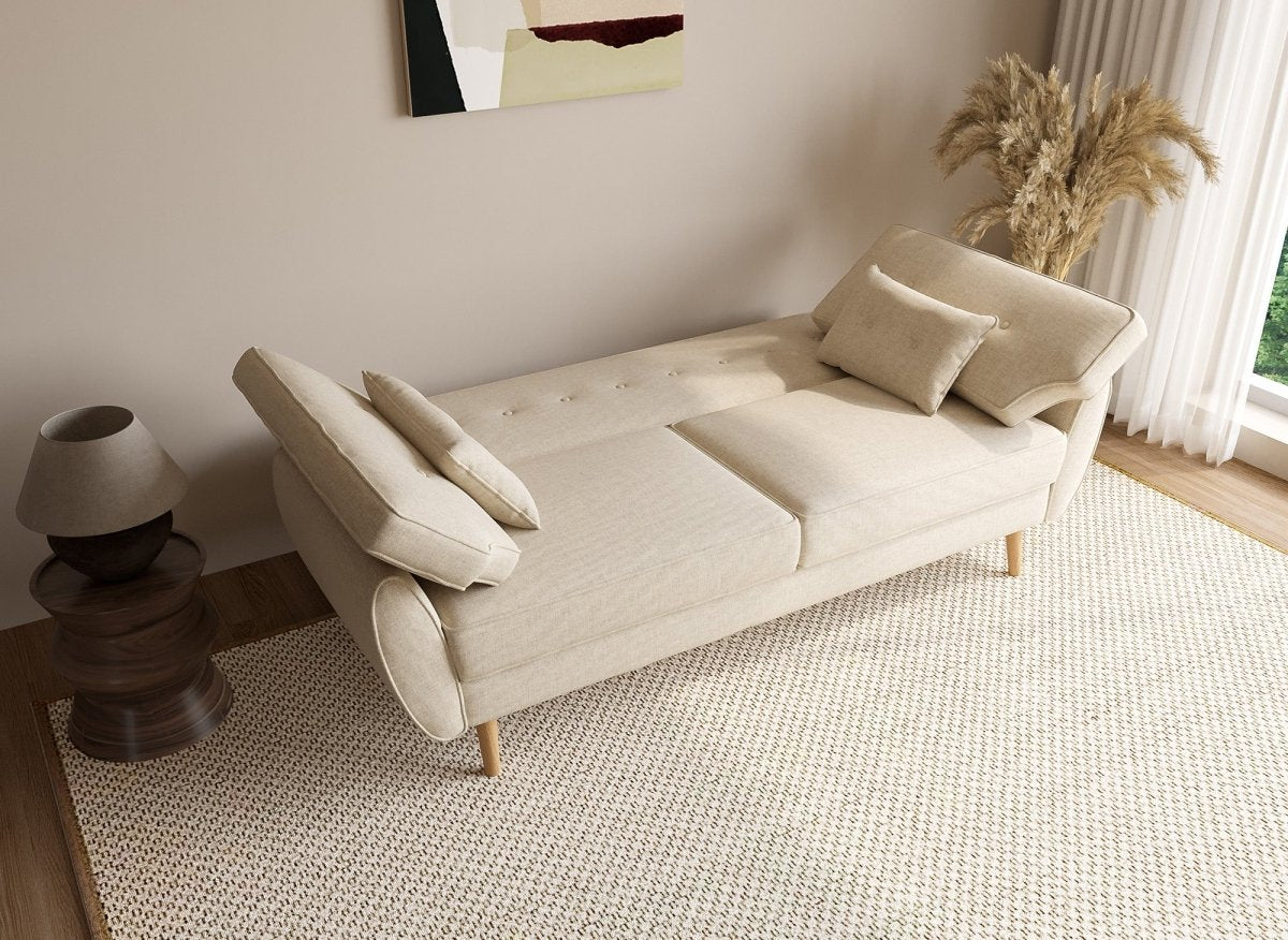 Canapé clic clac en tissu beige avec pieds en bois PANAMA - DécoInParis