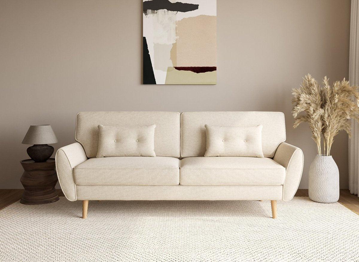 Canapé clic clac en tissu beige avec pieds en bois PANAMA - DécoInParis