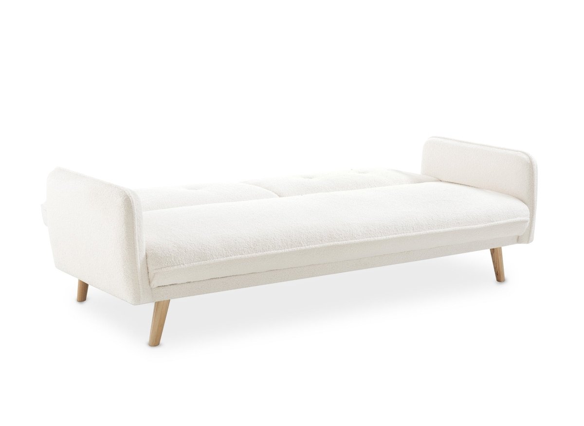 Canapé clic clac en tissu bouclette blanc écru avec pieds en bois NATAL - DécoInParis