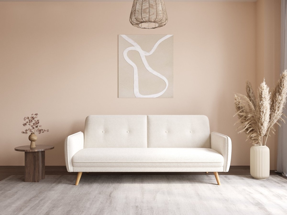 Canapé clic clac en tissu bouclette blanc écru avec pieds en bois NATAL - DécoInParis