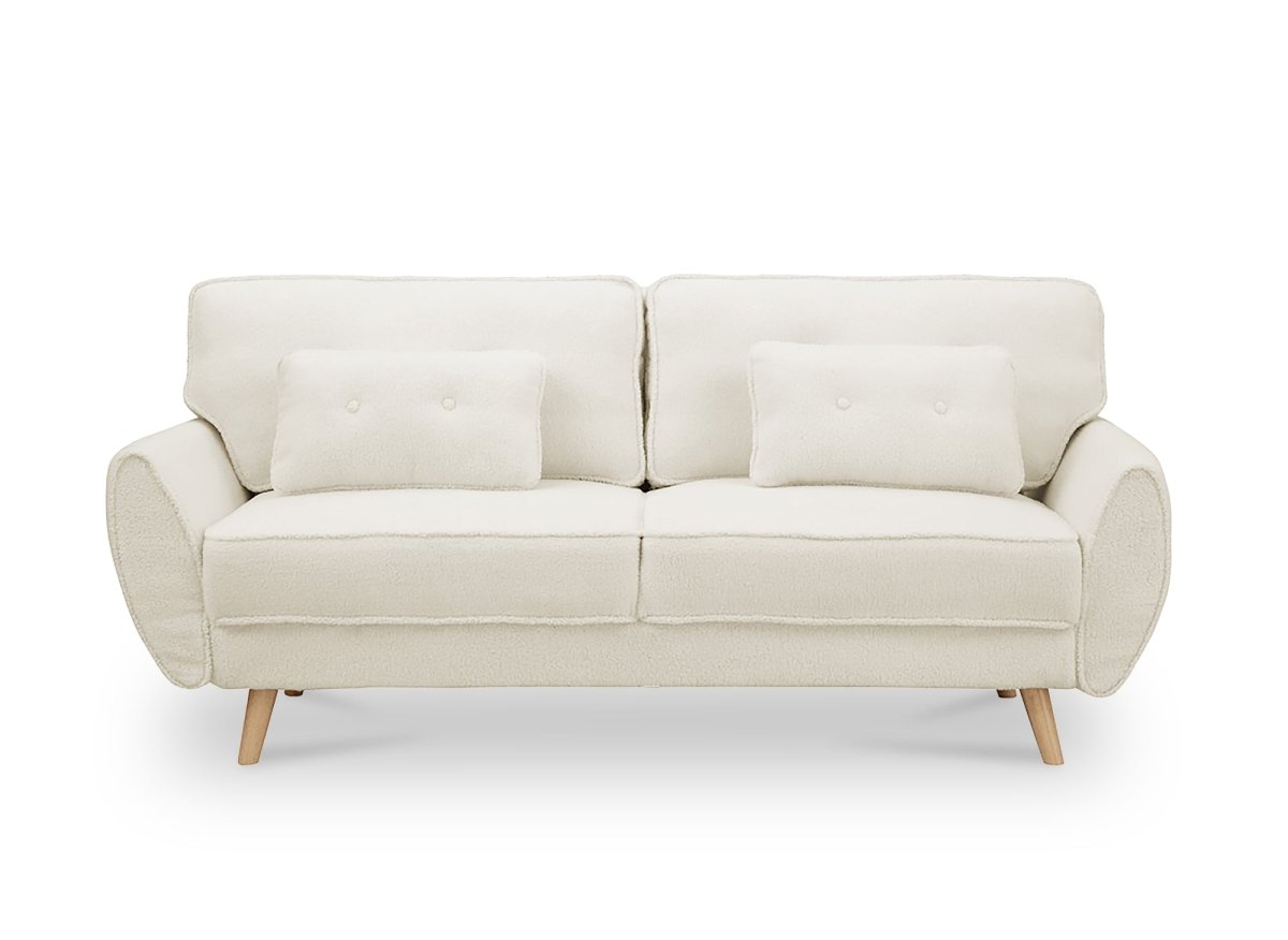 Canapé clic clac en tissu bouclette blanc écru avec pieds en bois PANAMA - DécoInParis