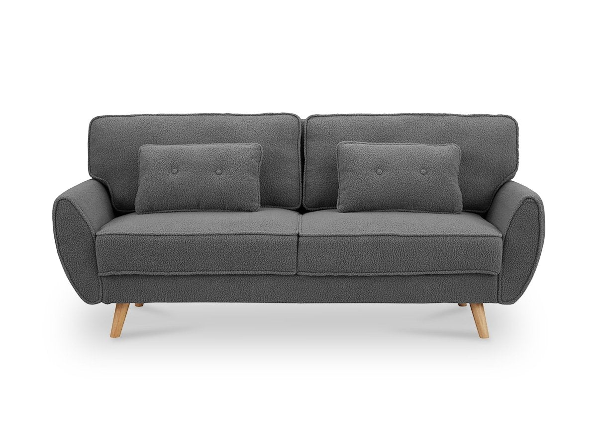 Canapé clic clac en tissu bouclette gris avec pieds en bois PANAMA - DécoInParis