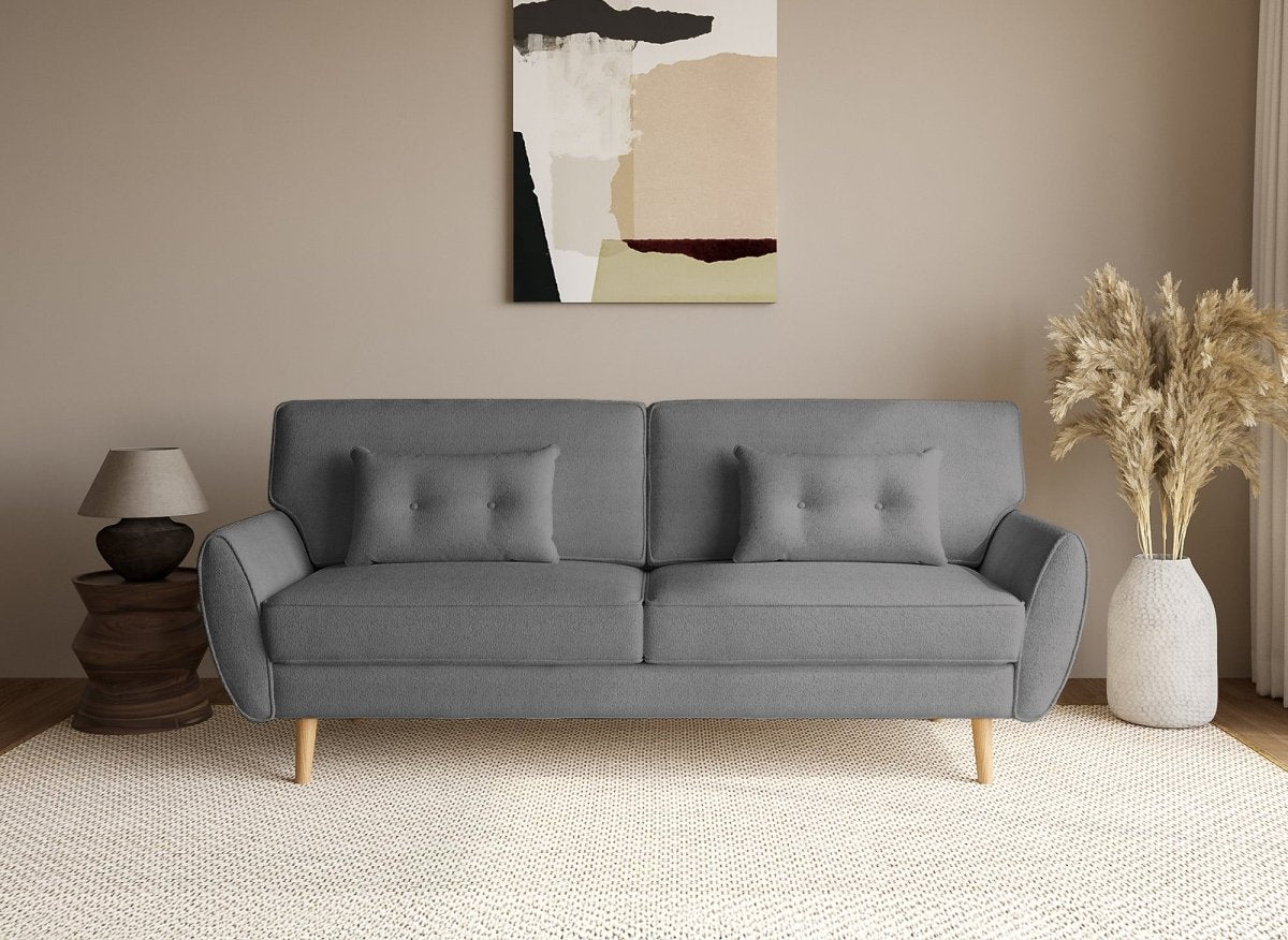 Canapé clic clac en tissu bouclette gris avec pieds en bois PANAMA - DécoInParis