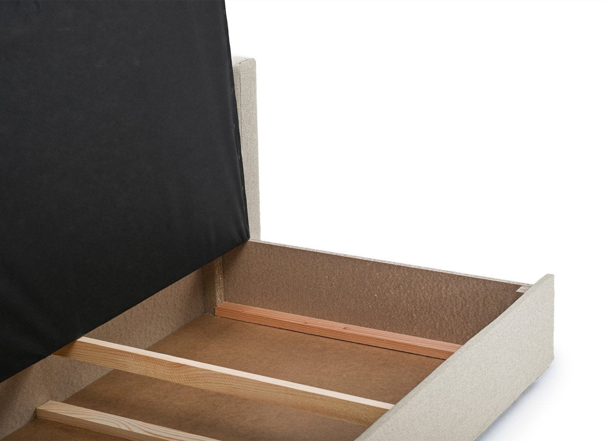 Canapé convertible 2 places avec coffre de rangement en tissu beige YERAZ - DécoInParis