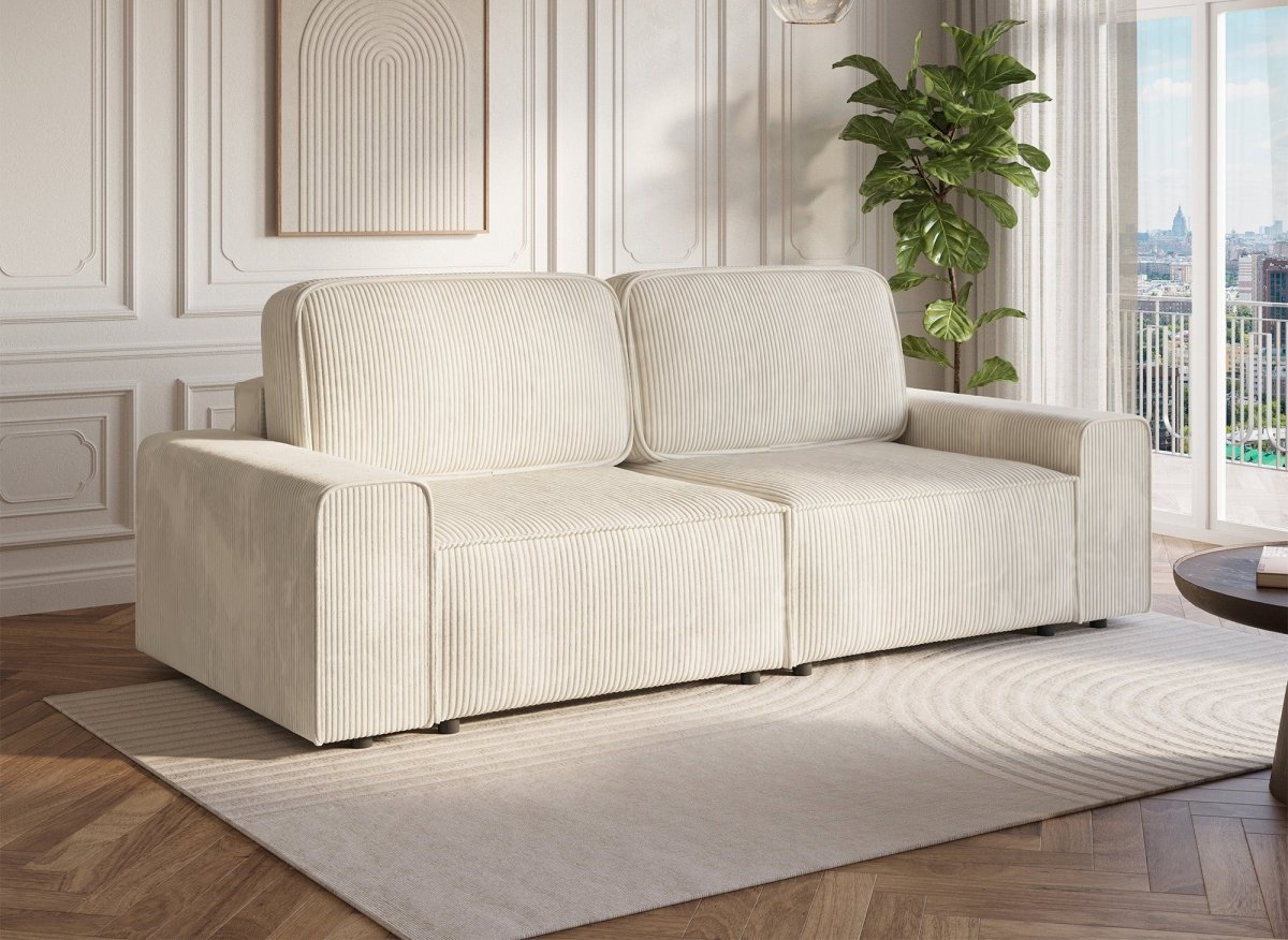 Canapé convertible 3 places avec coffre en velours côtelé épais beige DONA - DécoInParis