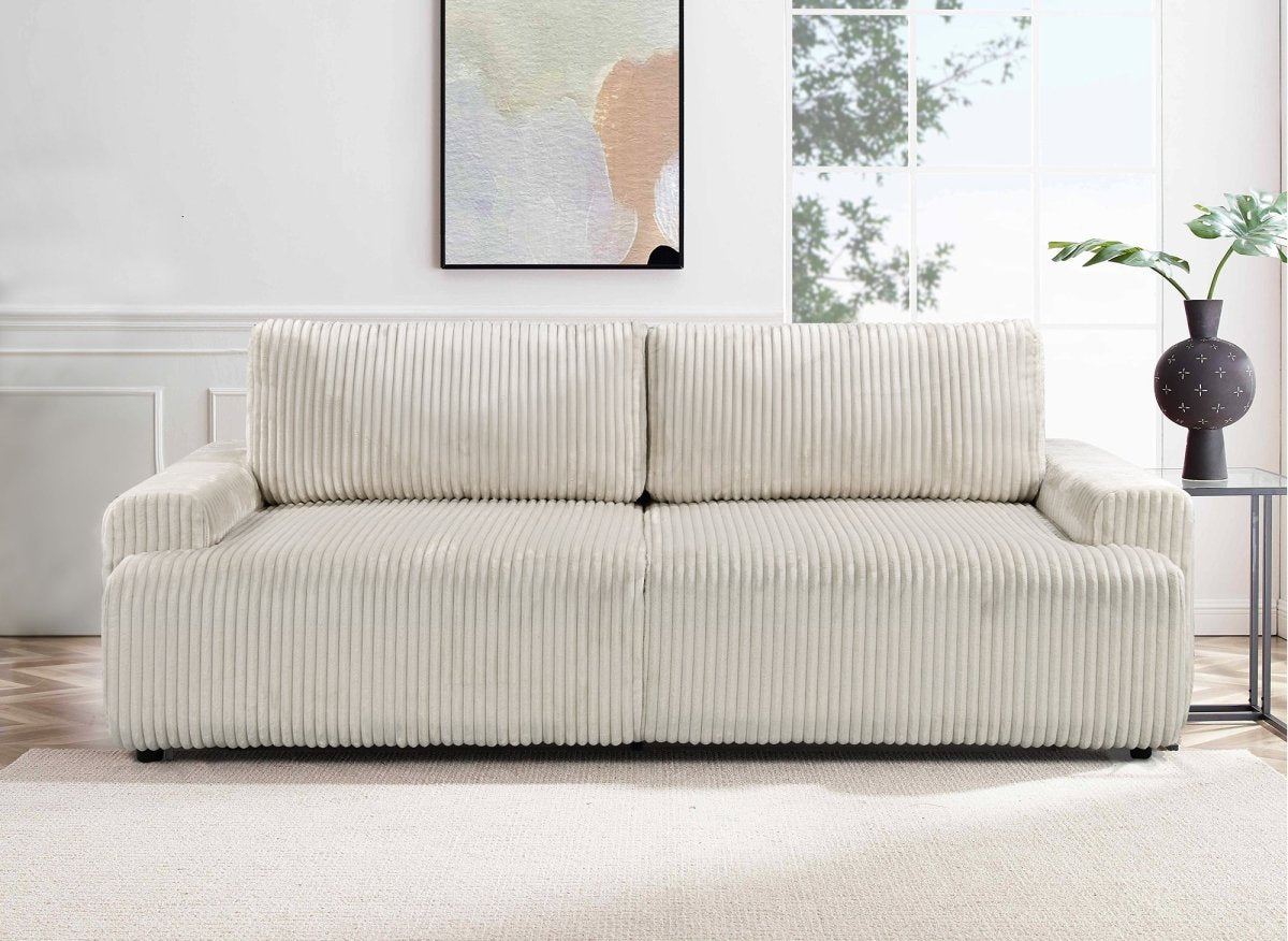 Canapé convertible 3 places avec coffre en velours côtelé épais beige MILO - DécoInParis