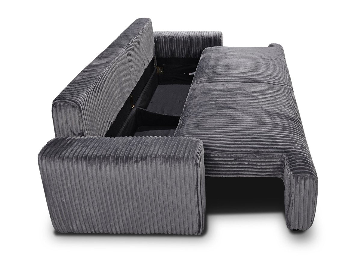 Canapé convertible 3 places avec coffre en velours côtelé épais gris MILO - DécoInParis