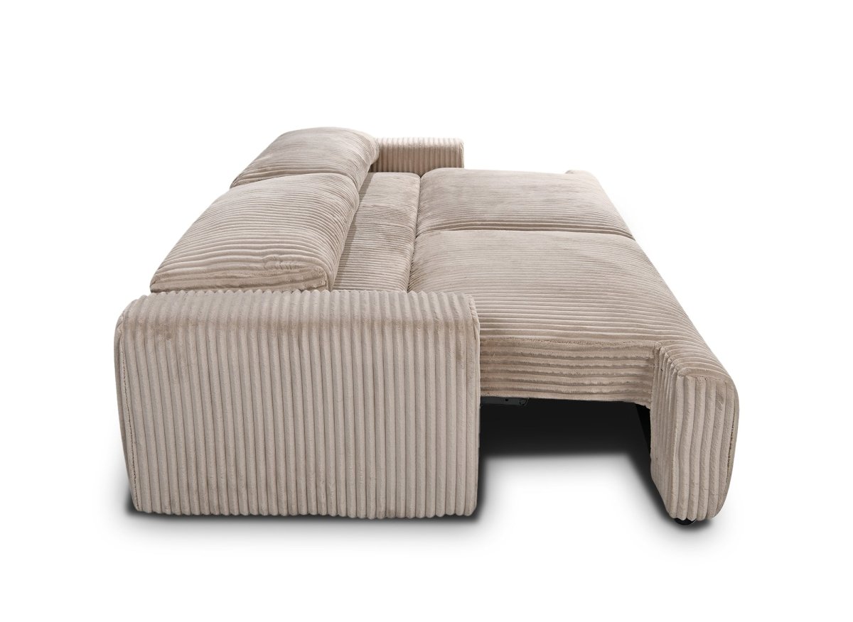 Canapé convertible 3 places avec coffre en velours côtelé épais taupe MILO - DécoInParis