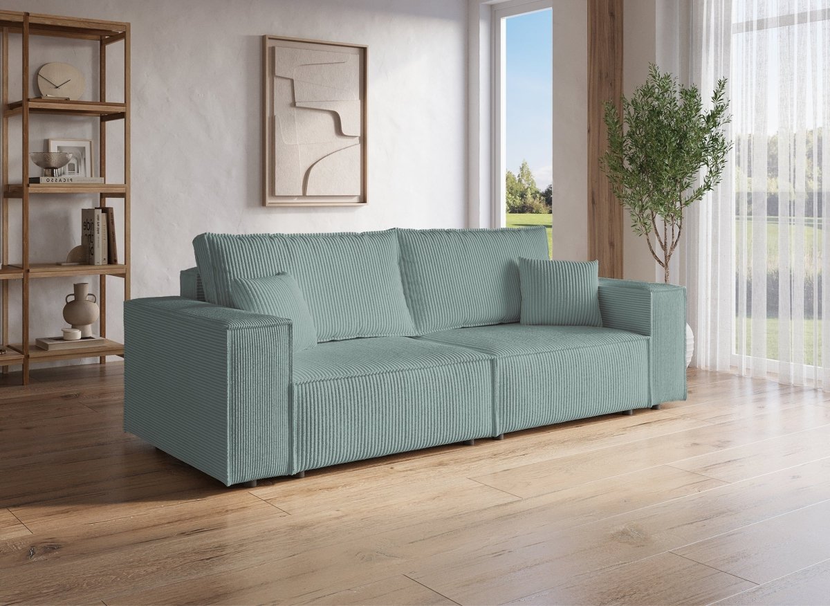 Canapé convertible 3 places avec coffre en velours vert d'eau JADE - DécoInParis