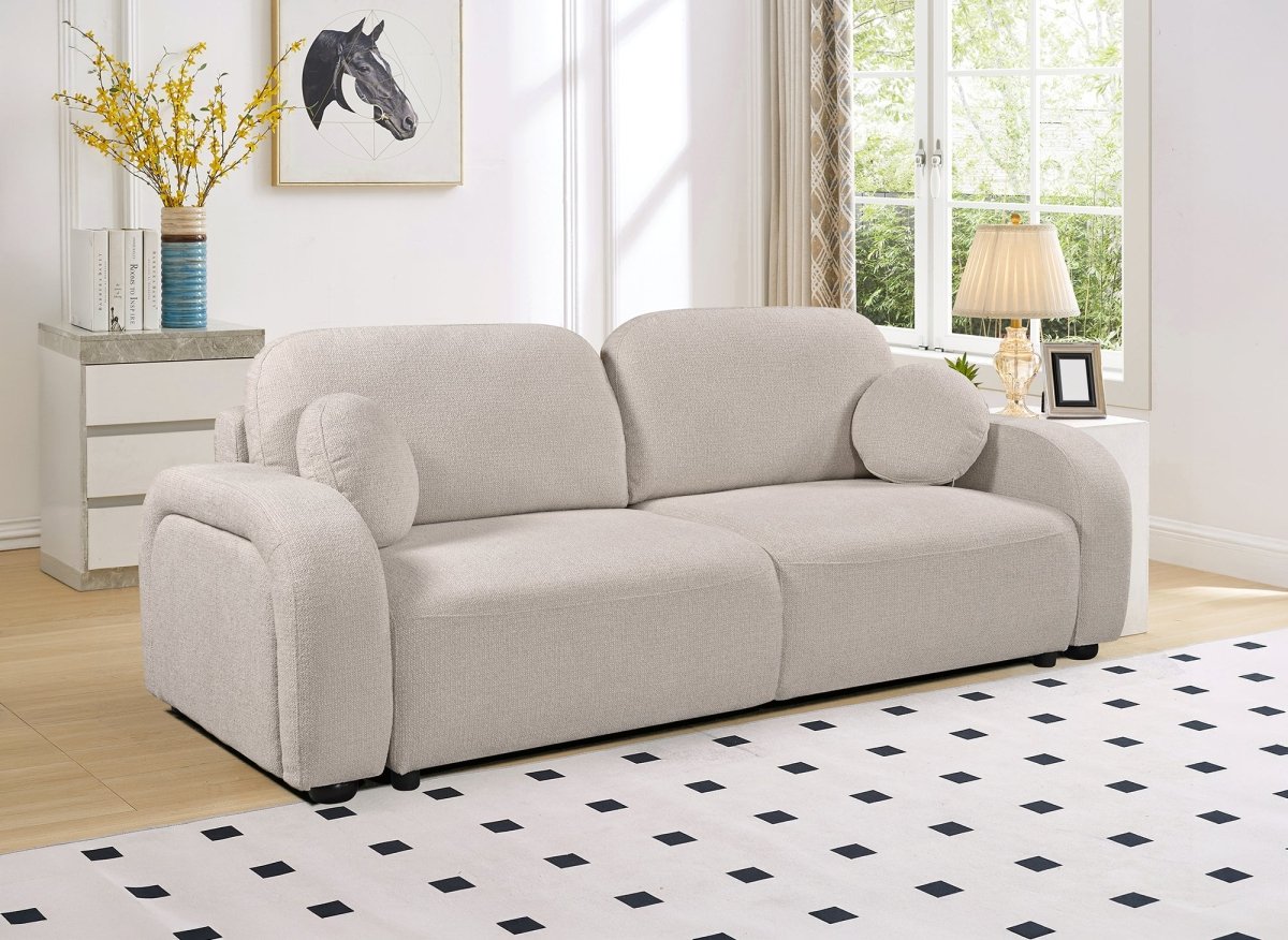 Canapé convertible 3 places en tissu bouclette beige MAYORA - DécoInParis
