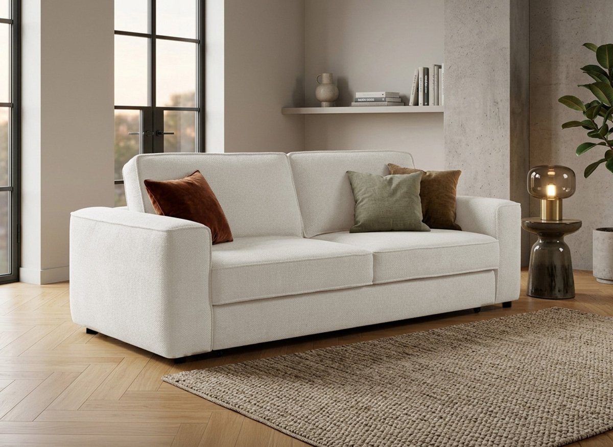 Canapé convertible 3 places en velours chiné beige DENITSA - DécoInParis